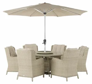 Chedworth 140cm Round Table, 60cm Lazy Susan, 6 High-Back Armchairs & Parasol - Sandstone
