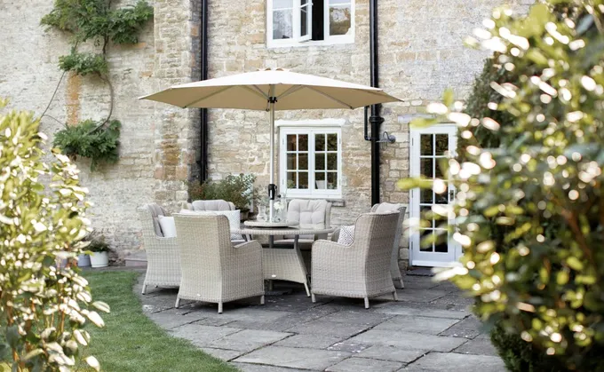Chedworth 140cm Round Table, 60cm Lazy Susan, 6 High-Back Armchairs & Parasol - Sandstone - image 2