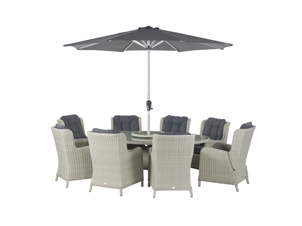 Chedworth 220 x 145cm Elliptical Table, 60cm L/S, 2 Recliners, 6 Arrmchairs & Parasol - Dove Grey - image 1
