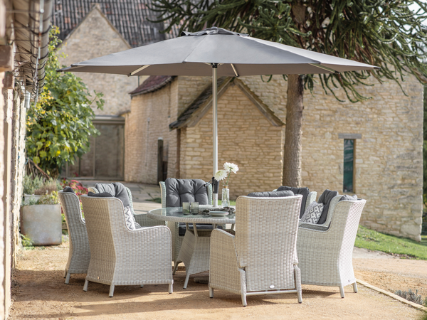 Chedworth 220 x 145cm Elliptical Table, 60cm L/S, 2 Recliners, 6 Arrmchairs & Parasol - Dove Grey - image 2