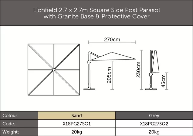 Lichfield 2.7m x 2.7m Square Parasol (includes Granite Base & Protective cover) - Sand - image 4