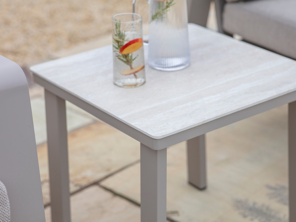 Prague 2 x Reclining Sofa Chairs with Footstools & Sinterstone Side Table - Latte - image 6