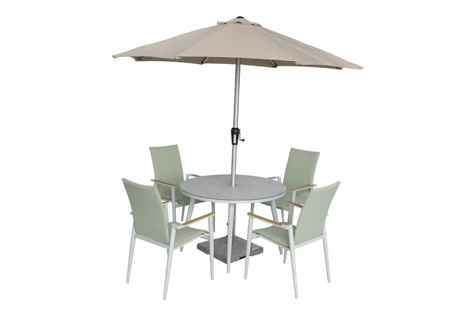 Sofia 110cm Round Table with 4 Deluxe Armchairs, Parasol & Base - Green - image 1