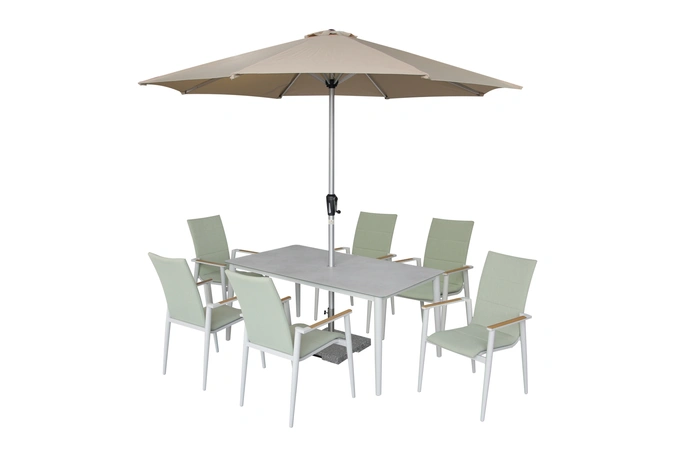 Sofia 165 x 95cm Rectangle Table with 6 Deluxe Armchairs, Parasol & Base - Green