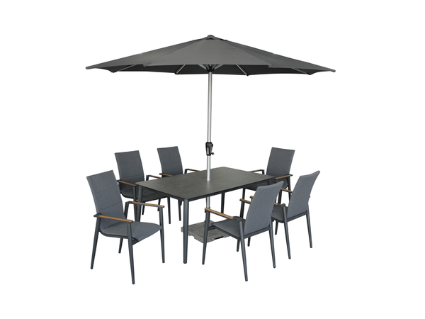 Sofia 165 x 95cm Rectangle Table with 6 Deluxe Armchairs, Parasol & Base - Anthracite - image 1