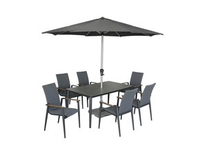 Sofia 165 x 95cm Rectangle Table with 6 Deluxe Armchairs, Parasol & Base - Anthracite