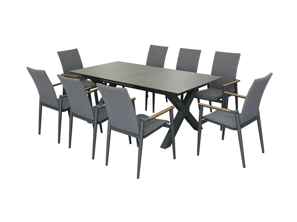 Sofia 200/260 x 95cm Ext  X Frame Rectangle Table with 8 Deluxe Armchairs - Anthracite - image 1