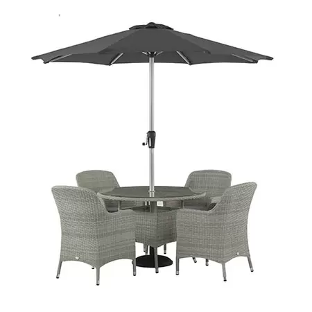 Tetbury 110cm Round Table with Glass Top & 4 Armchairs with Eco Cushions & Parasol & Base - Cloud - image 1