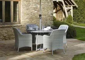Tetbury 110cm Round Table with Glass Top & 4 Armchairs with Eco Cushions & Parasol & Base - Cloud - image 3