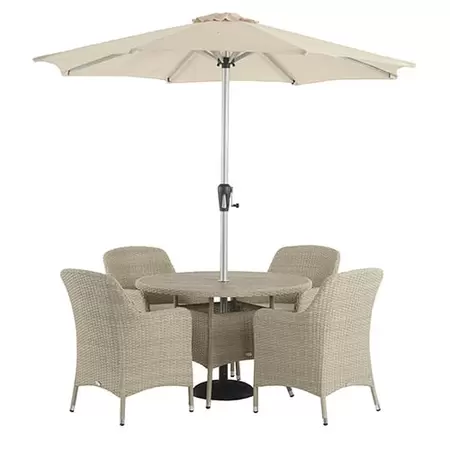 Tetbury 110cm Round Table with Tree-Free Top & 4 Armchairs with Eco Cushions Parasol & Base - Nutmeg - image 1