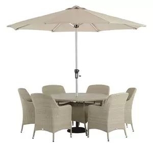 Tetbury 135cm Round Table with Tree-Free Top & 6 Armchairs with Eco Cushions Parasol & Base - Nutmeg - image 1