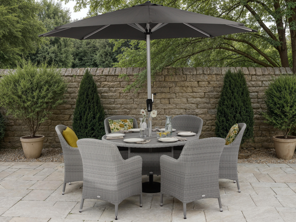 Tetbury 135cm Tree-Free Round Table with 6 Armchairs, Parasol & Base - Graphite - image 3