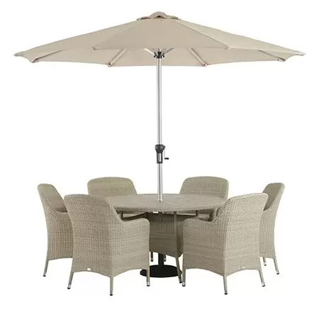Tetbury 135cm Tree-Free Round Table with 6 Armchairs, Parasol & Base - Nutmeg - image 1