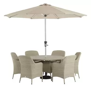 Tetbury 135cm Tree-Free Round Table with 6 Armchairs, Parasol & Base - Nutmeg - image 1