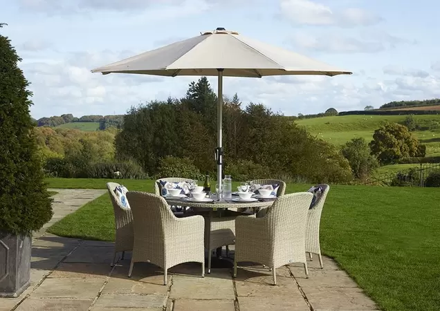 Tetbury 135cm Tree-Free Round Table with 6 Armchairs, Parasol & Base - Nutmeg - image 2