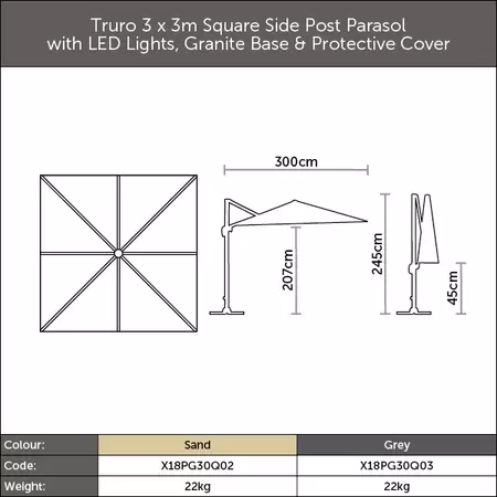 Truro 3.0m Square Side Post Parasol (includes Granite Base & Protective cover) - Grey - image 5