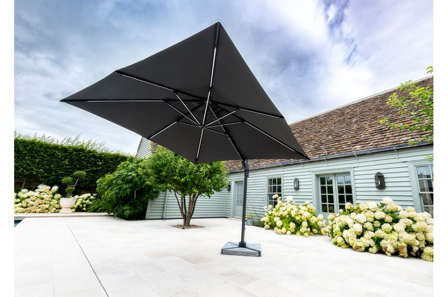 Truro 3x3m Parasol Grey Including Solar Lighting And 100kg Granite Base Trioscape Garden Centre